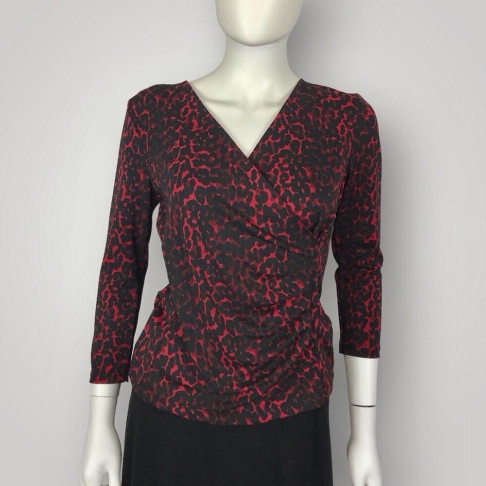 Talbots Blouse Black & Red Animal Leopard Print Dressy V-Neck